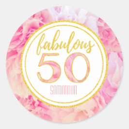 Pegatina Redonda Fabuloso 50.º Purpurina de oro rosado