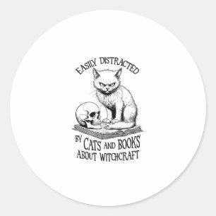 Pegatina Redonda Facilmente distrado libro gracioso L de Cat Skull