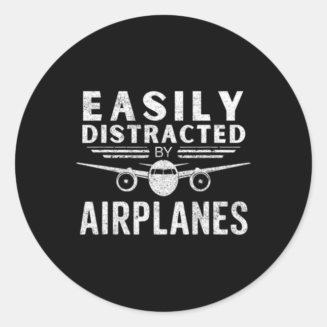 Pegatina Redonda Fácilmente Distraído Por Aviones En Funny Aviation (Anverso)