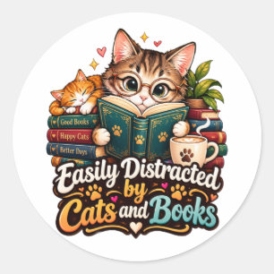 Pegatina Redonda Fácilmente Distraído por Gatos y Libros Adorable A