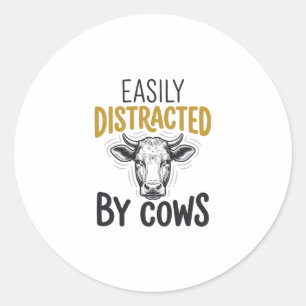 Pegatina Redonda Fácilmente Distraído Por Vacas Camiseta Divertida
