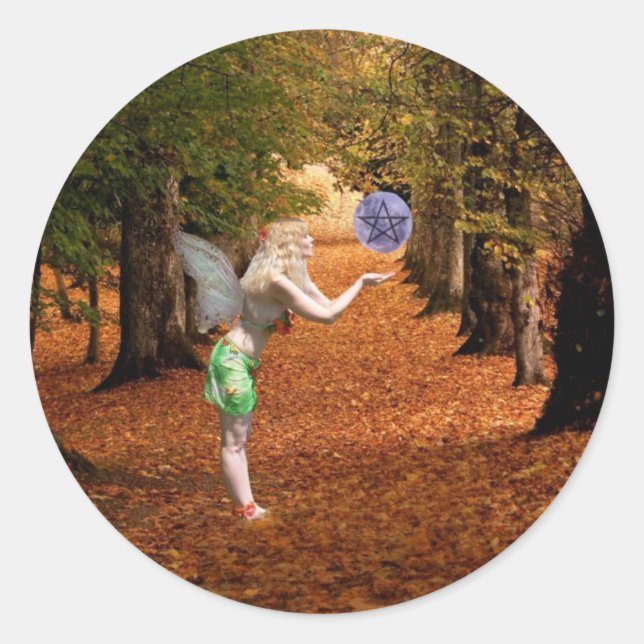 Pegatina Redonda Faerie con orbo mágico y pentáculo (Anverso)