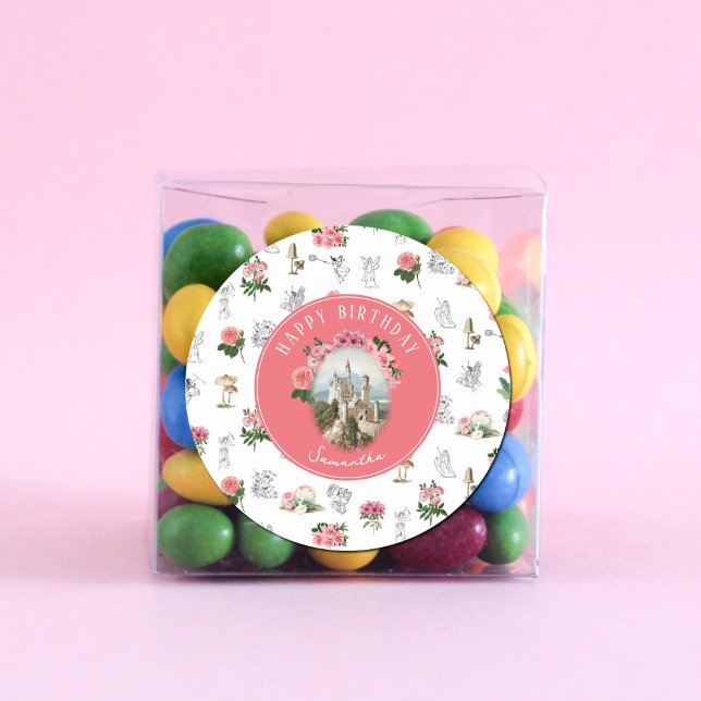 Pegatina Redonda Fairies Pink Floral Mushroom Fairy Castle Cumpleañ (Fairies Pink Floral Mushroom Fairy Castle Birthday Classic Round Sticker)