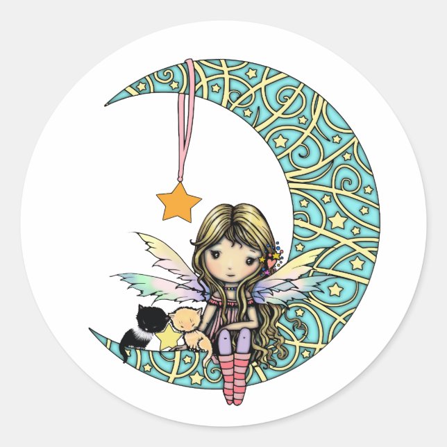 Pegatina Redonda Fairy and Kittens on Fancy Moon Whimsical Fantasy (Anverso)