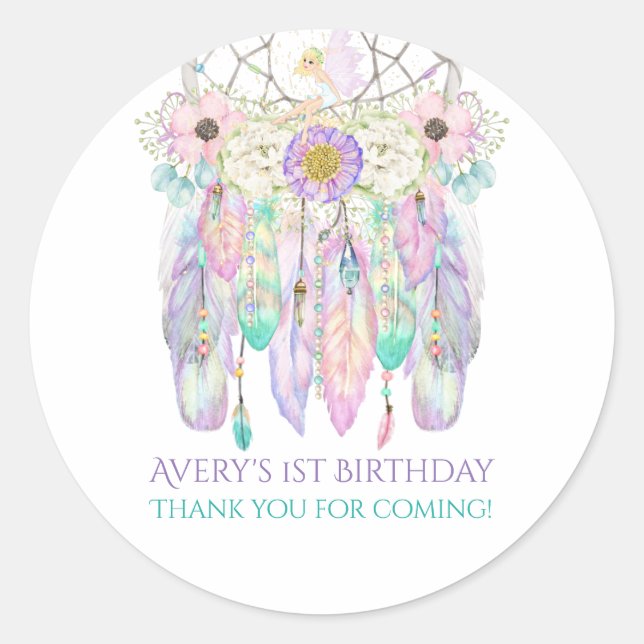 Pegatina Redonda Fairy Boho Dream Catcher Pastels Feathers (Anverso)