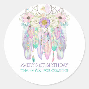 Pegatina Redonda Fairy Boho Dream Catcher Pastels Feathers
