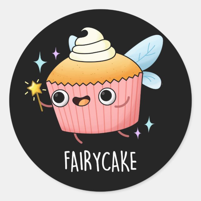 Pegatina Redonda Fairy Cake Funny Cupcake Pun Dark BG (Anverso)