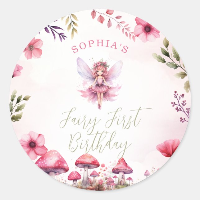 Pegatina Redonda Fairy First Birday Enchanted Forest Mushroom (Anverso)