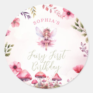 Pegatina Redonda Fairy First Birday Enchanted Forest Mushroom