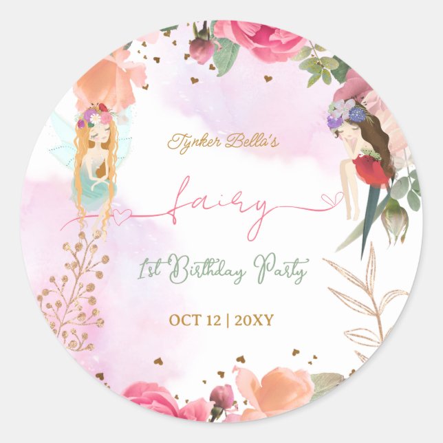 Pegatina Redonda Fairy First Birday Party Baby Girl (Anverso)