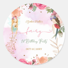 Pegatina Redonda Fairy First Birday Party Baby Girl