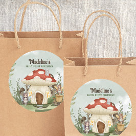 Pegatina Redonda Fairy First Birthday Mushroom Forest Animals