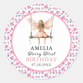 Pegatina Redonda Fairy First Watercolor Floral Chicas 1º cumpleaños