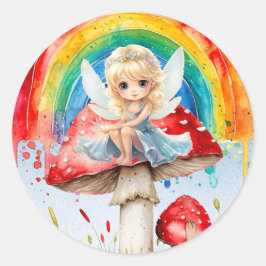 Pegatina Redonda Fairy Mushroom Paint Rainbow Chica Birday Party