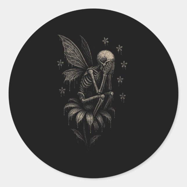 Pegatina Redonda Fairycore Emo Gótico Tee Sad Crying Skeleton Fairy (Anverso)