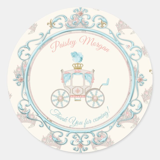 Pegatina Redonda Fairytale Royal Carriage Princess Crown Rubor Aqua (Anverso)