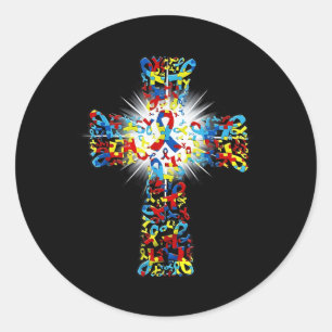 Pegatina Redonda Faith Christian Cross Ribbon Puzzle Autism Awarene