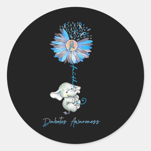 Pegatina Redonda Faith Cute Elephants Sunflower Diabetes Conciencia (Anverso)