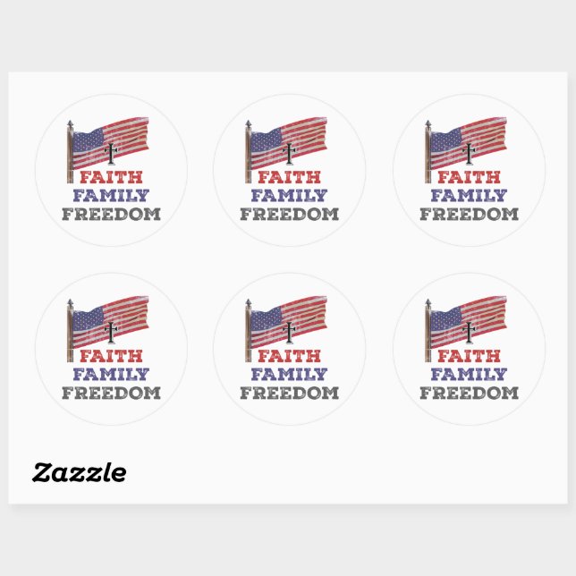 Pegatina Redonda Faith Family Freedom Cross con bandera (Hoja)