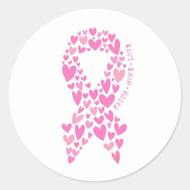 Pegatina Redonda Faith Hope Breast Cancer Pink Ribbon Awareness (Anverso)