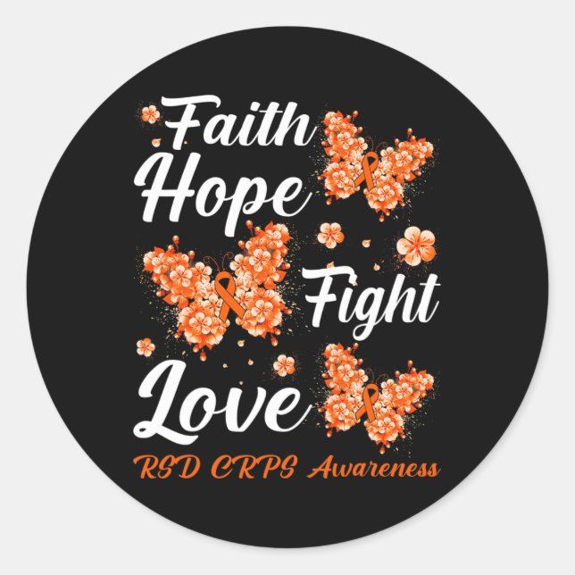 Pegatina Redonda Faith Hope Fight Love RSD CRPS Awareness Butterfly (Anverso)