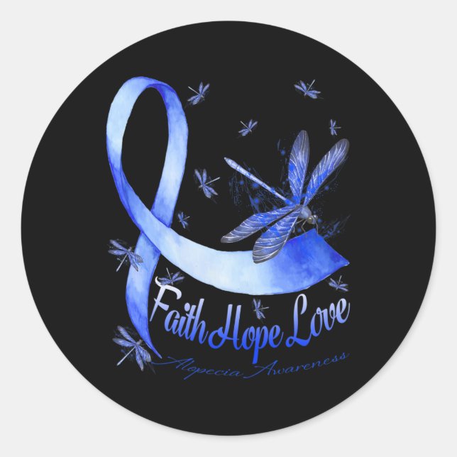 Pegatina Redonda Faith Hope Love Alopecia Awareness Dragonfly (Anverso)