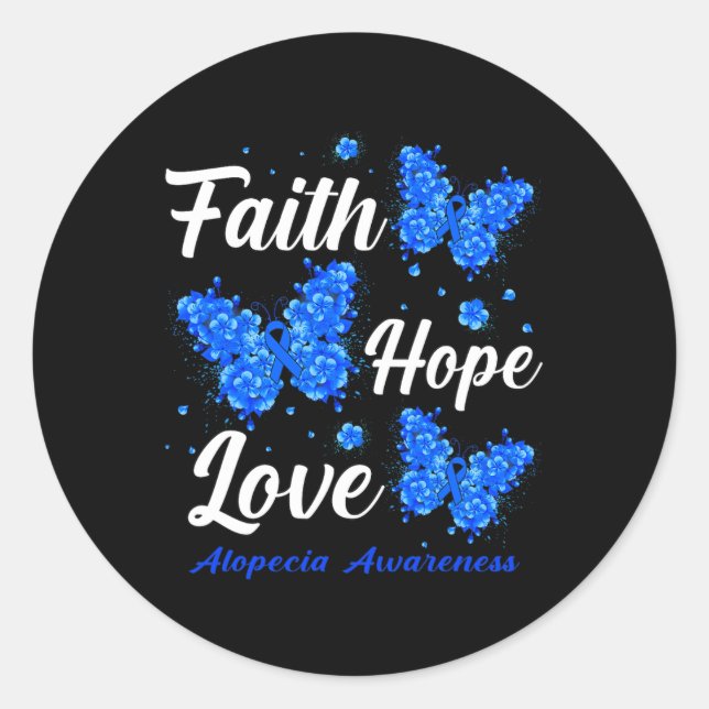 Pegatina Redonda Faith Hope Love Alopecia Conciencia Mariposa (Anverso)