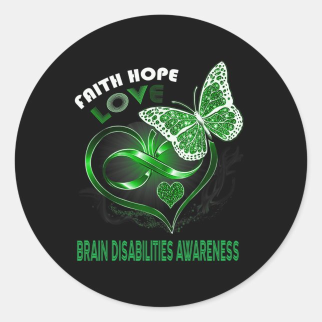Pegatina Redonda Faith Hope Love Brain Disabilities Awareness Heart (Anverso)