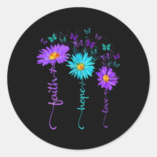 Pegatina Redonda Faith Hope Love Butterfly Daisy Suicide Prevention