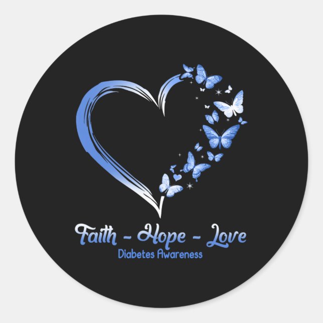 Pegatina Redonda Faith Hope Love Diabetes Awareness Heart Butterfly (Anverso)