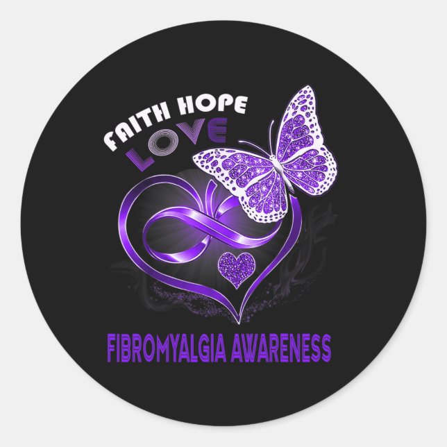 Pegatina Redonda Faith Hope Love Fibromialgia Awareness Heart Butte (Anverso)