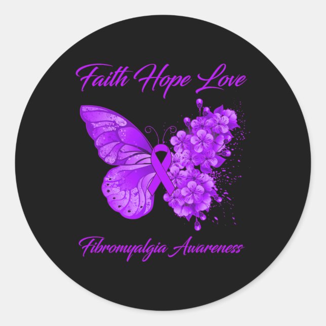 Pegatina Redonda Faith Hope Love Fibromyalgia Awareness (Anverso)