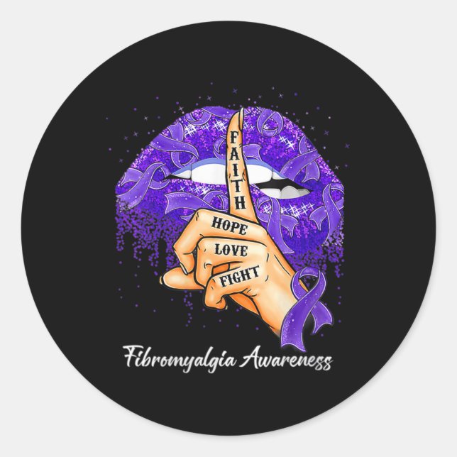 Pegatina Redonda Faith Hope Love Fight Purple Ribbon Fibromialgia A (Anverso)