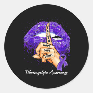 Pegatina Redonda Faith Hope Love Fight Purple Ribbon Fibromialgia A