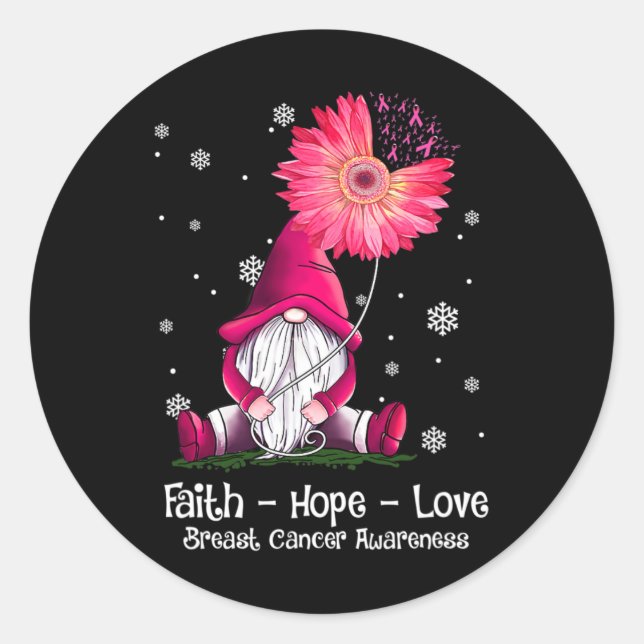 Pegatina Redonda Faith Hope Love Gnome Pink Sunflower Breast Cancer (Anverso)