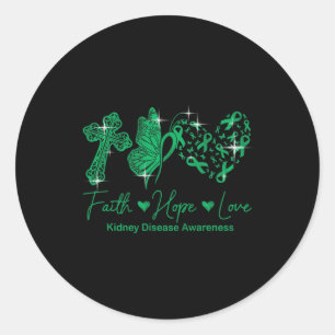 Pegatina Redonda Faith Hope Love Green Ribbon Kidney Disease Awaren