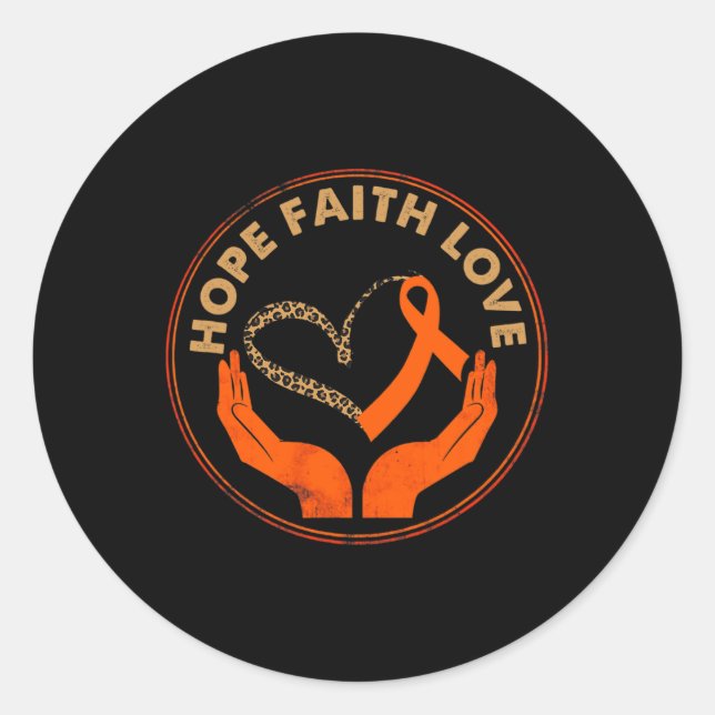 Pegatina Redonda Faith Hope Love Leukemia Awareness Heart Naranja R (Anverso)