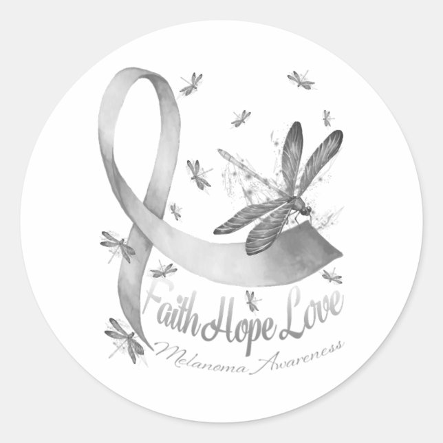 Pegatina Redonda Faith Hope Love Melanoma Awareness Dragonfly (Anverso)