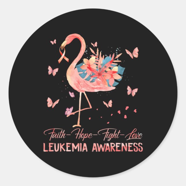 Pegatina Redonda Faith Hope Love Pink Flamingo Breve Leucemia Awar (Anverso)