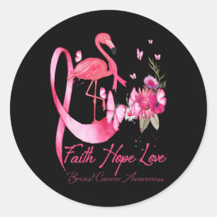 Pegatina Redonda Faith Hope Love Pink Flamingo Ribbon Cáncer de Mam