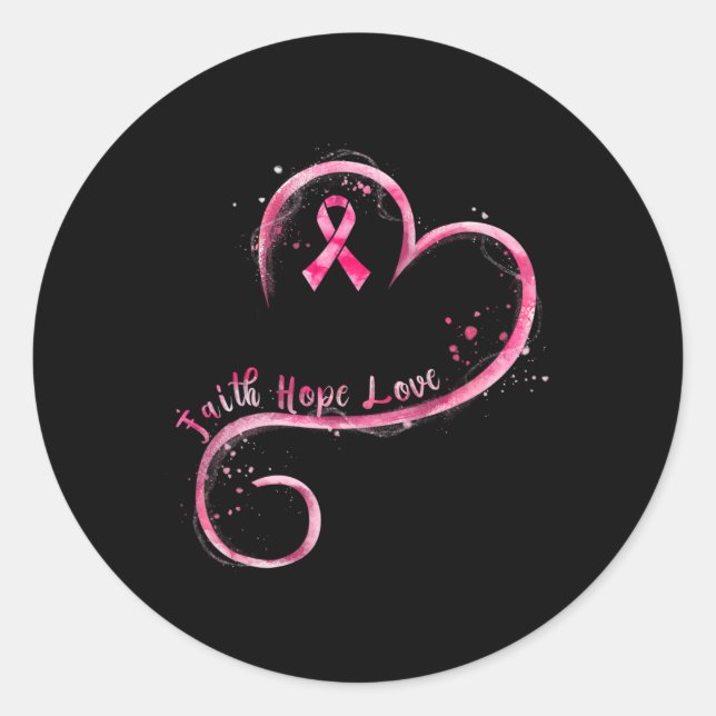 Pegatina Redonda Faith Hope Love Pink Ribbon Brem Cancer Awarenes (Anverso)