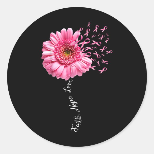 Pegatina Redonda Faith Hope Love Pink Ribbon Daisy Flower Breve C (Anverso)