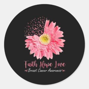 Pegatina Redonda Faith Hope Love Pink Ribbon Daisy Sunflowers Breas