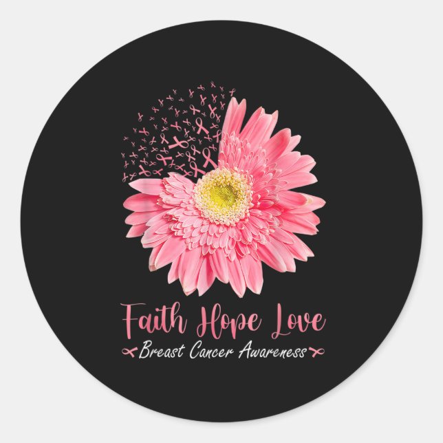 Pegatina Redonda Faith Hope Love Pink Ribbon Daisy Sunflowers Breas (Anverso)