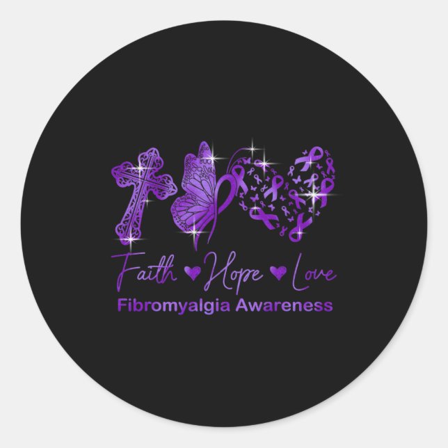 Pegatina Redonda Faith Hope Love Purple Ribbon Fibromialgia Awarene (Anverso)