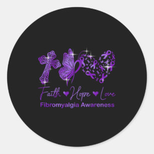 Pegatina Redonda Faith Hope Love Purple Ribbon Fibromialgia Awarene