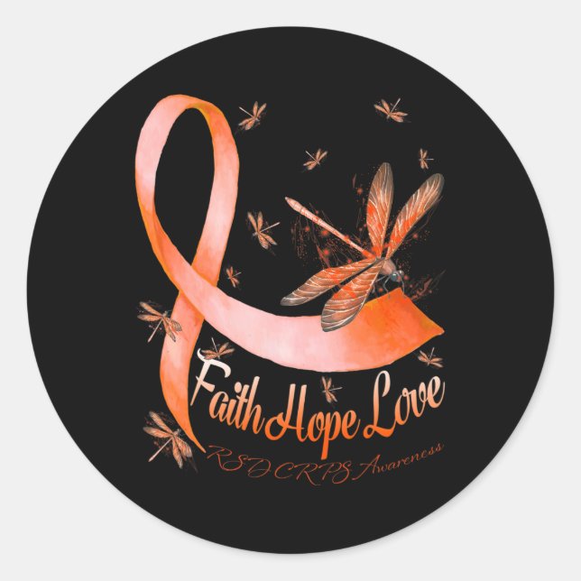 Pegatina Redonda Faith Hope Love RSD CRPS Awareness Dragonfly (Anverso)