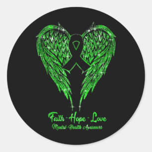 Pegatina Redonda Faith Hope Love Wings Ribbon Green Mental Health A