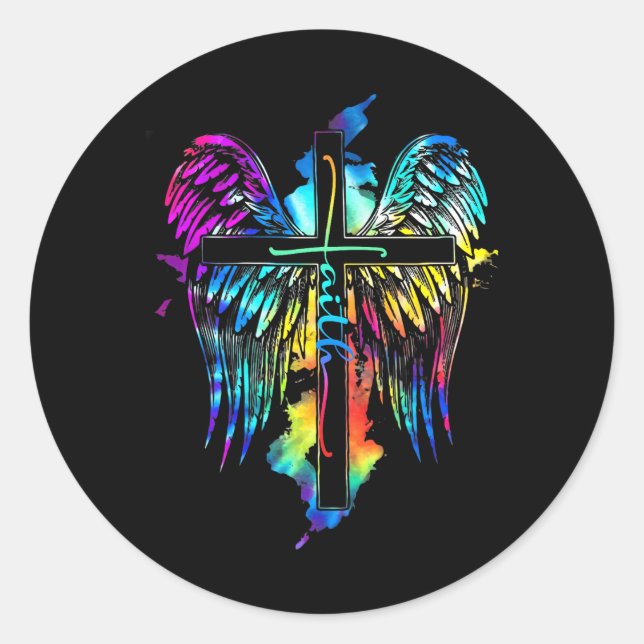 Pegatina Redonda Faith Jesus Wings Cristo cruza la imagen religiosa (Anverso)