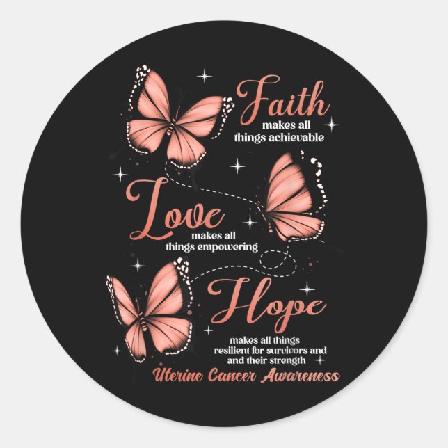 Pegatina Redonda Faith Love Hope Butterfly Conciencia sobre el cánc (Anverso)